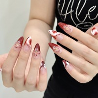 Faux ongles à presser pour femmes, bordeaux, motif lys peint à la main, French manucure effet goutte, brillants, longs, forme amande, style Crimson Bloom