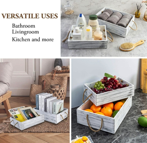 Caisses en bois patinées de Style ferme campagnarde bacs de rangement en bois blanc caisse en bois avec poignées de corde rustiques - Product Image 4