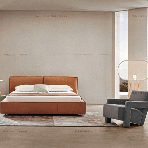 Top Quality Factory Price Queen Size Brown Leather Upholstered Platform Bed