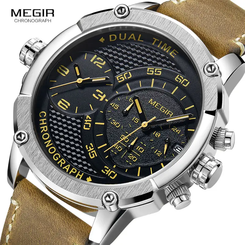 MEGIR 2093 Homens Dual Time Zone Quartz Relógios De Pulso De Couro De Luxo Chronograph Sport Watch