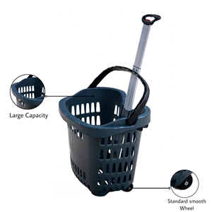 Supermarket Portable Shopping Basket Gray <b>Plastic</b> with Thick Aluminum Alloy Pull <b>Rod</b> Easy Shopping Grocery Basket - Product Image 3