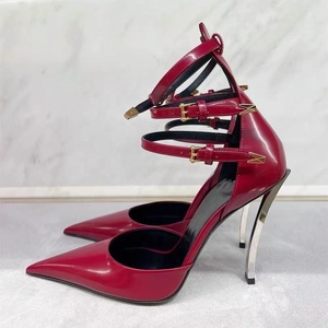 Summer Pointed Toe Patent Leather Stiletto <b>Shoes</b> 3 Straps Narrow Band Ankle Strap Thin High Heels Metal Heel Party Sandals - Product Image 5