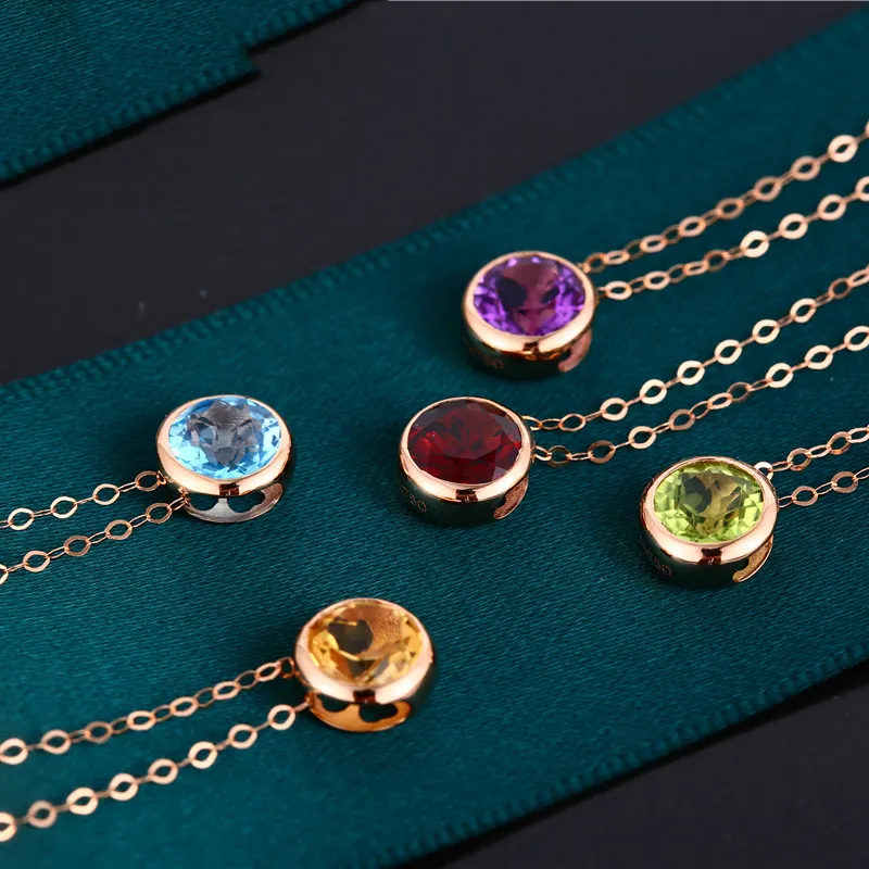 NINE'S Simple 18K Solid Gold Link Chain Birthstone Charm Necklace Jewelry AU750 Gold Natural Crystal Necklace