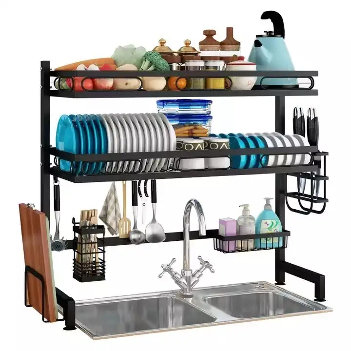 Adjustable Dish Drainer Rack Kitchen Organization Storage Shelf Holder Dish Drying Rack Black Stainless Steel Dish Rack