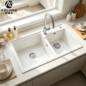 Évier de cuisine double carré ADLONE au design moderne 80*45, installation en surélevé, <span class=keywords><strong>granit</strong></span> composite de 10 mm d'épaisseur pour usage domestique - Product Image 6