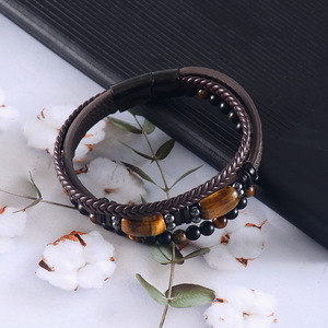 Pulsera de Ojo de Tigre para Hombre, Brazalete de Cuero con Cuerda Multicapa, Cierre Magnético, Joyería de Piedra para Uso Diario, 7.5, 8.5, 9 Pulgadas - Product Image 1