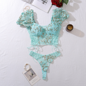 Europese en Amerikaanse backless doorzichtige bloemenborduurwerk patchwork veter-top met pofmouwen sexy lingerie set - Product Image 6