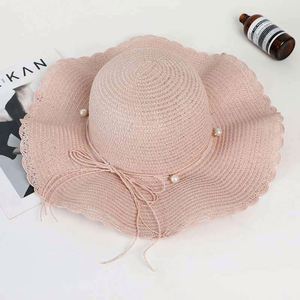 Female Summer Wave Brimmed Pearl Straw Hat <b>Sunscreen</b> Beach Sun Hat for Women - Product Image 5