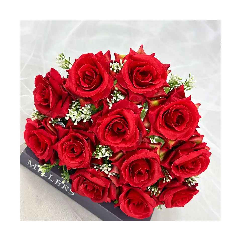 Factory Hot Sell Rose Floral Flowers High Quality Artificial Flower Roses Bouquet with Green Leaves Christmas Decorations