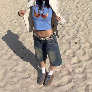 Y2K Street Vintage taille tombante poche inclinée chat lavé moustache jambe large Jorts Bermuda Denim Shorts - Product Image 2