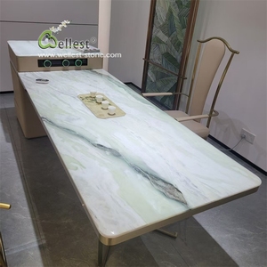 Table à thé en marbre blanc vert translucide, paysage naturel, bureau de luxe en pierre - Product Image 1