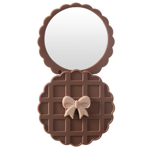 Pocket <b>Mirror</b> Biscuit Shape Round Makeup Travel Portable <b>Mirror</b> Coffee Color Off <b>White</b> Folding <b>Mirror</b> For Girls - Product Image 3