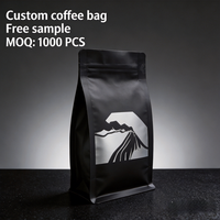 Emballage de café mat personnalisé, sac à fond plat avec valve, résistant à l'humidité et aux odeurs