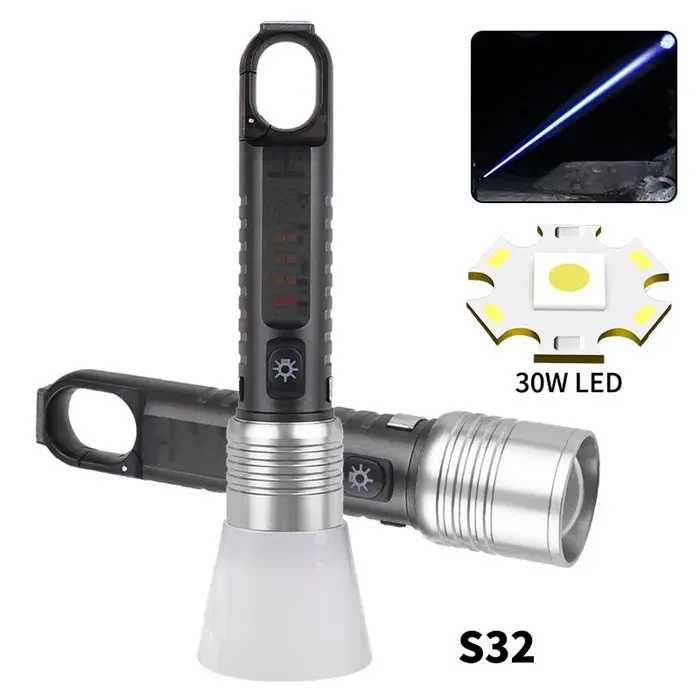 Từ EDC Đèn pin Trắng Đỏ Ánh sáng màu xanh 30W LED Torch đèn Loại-C sạc khẩn cấp cắm trại Đèn pin không thấm nước