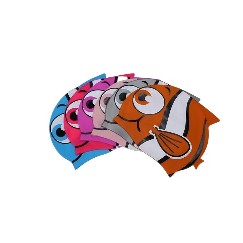 Bonnet de bain en forme de poisson en silicone pour enfants et adultes, forme personnalisée, imperméable à l'eau, vente en gros en usine