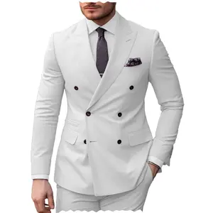 औपचारिक सफेद पुरुषों का टक्सीडो सूट 2 पीस स्लिम फिट पीक लैपल डबल ब्रेस्टेड जैकेट+शादी की पार्टी के लिए पैंट