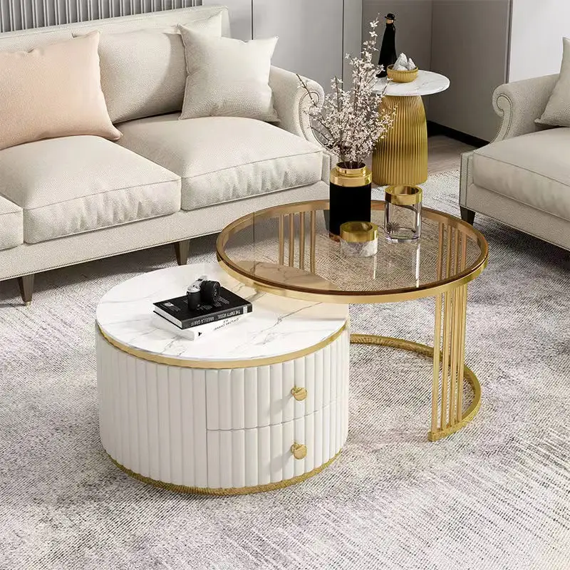 Table basse à pieds dorés en acier inoxydable avec dessus en verre trempé et dessus en ardoise pour café