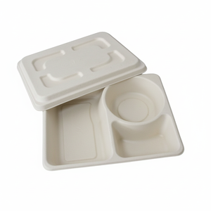 Barquette alimentaire jetable à 3 compartiments, résistante à la graisse, écologique, biodégradable, en bagasse, pour le camping, l'école, la cantine, avec couvercle - Product Image 1