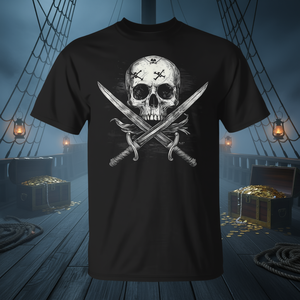 Camiseta con diseño de espada pirata, calavera y huesos entrelazados, disfraz de Halloween, color negro, talla mediana para hombre - Product Image 3