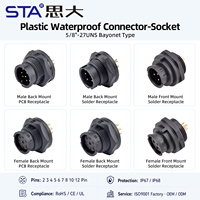 Conector Impermeable IP68 de 5/8"-27UNS, Adaptador Bayoneta Macho-Hembra de 2, 3 y 4 Pines, Código B, Montaje en Panel Trasero/Delantero, Receptáculo para Soldadura en PCB