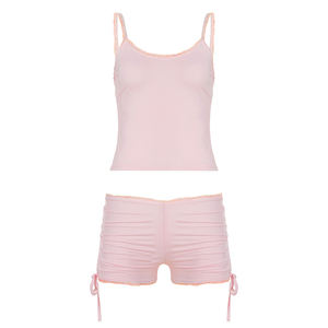 Ensemble de vêtements de détente rose mignon en 2 pièces, débardeur en dentelle sans manches, ceinture élastique, short décontracté respirant, écologique, pour le yoga - Product Image 6