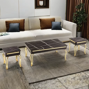 Juego de Mesa de Centro Convertible de Lujo 2+1 con Superficie de Imitación Mármol y Estructura de Acero, Muebles Modernos para Sala de Estar - Product Image 1