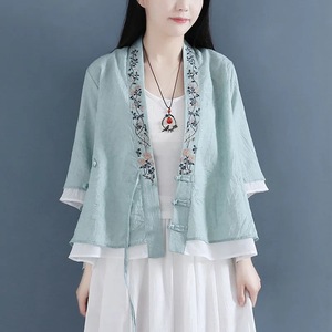 Women's Chinese Style Cotton Cardigan Light Green Embroidery Mid Sleeve Traditional Clothing - Product Image 1