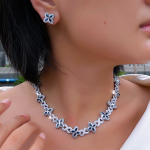 Joyería Hip Hop, <span class=keywords><strong>Collar</strong></span> y Pendientes con Trébol <span class=keywords><strong>de</strong></span> 4 Hojas Azul <span class=keywords><strong>Zafiro</strong></span>, Cadena Cubana con Circonitas Cúbicas, Juego <span class=keywords><strong>de</strong></span> Joyería para Mujer y Hombre - Product Image 1