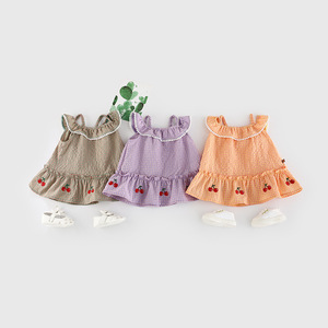 Baby Girl Plaid Dress Summer Princess Off Shoulder Skirt Newborn Korean Clothes Children's Wear Cherry <b>Slip</b> Dress Sweet Dress - Product Image 3