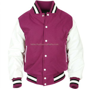 KVJ09 Veste universitaire en laine bordeaux pour hommes, manches en cuir blanc d'hiver, garniture bicolore, broderie, décoration, teint sans col - Product Image 3