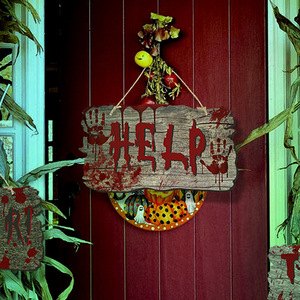 Panneaux d'avertissement en <span class=keywords><strong>bois</strong></span> sanglants pour Halloween, panneaux suspendus effrayants pour portes avec messages de danger, « Retournez-vous », « Interdiction d'entrée », « Aide pour la décoration de maison hantée » - Product Image 2