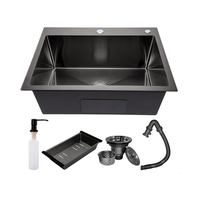 Évier de cuisine carré en acier inoxydable souple 60x45cm, noir brossé en acier inoxydable 304, avec distributeur, robinet, panier d'égouttage