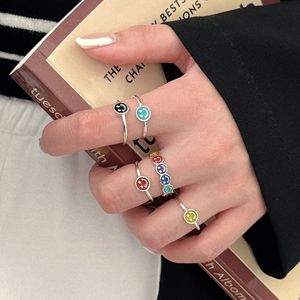 S925 Sterling <b>Silver</b> Smiley Face <b>Ring</b> Cartoon Epoxy Women's Jewelry Gift Trendy Niche <b>Ring</b> - Product Image 3