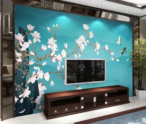 새로운 중국 스타일 손으로 그린 벽화 벽지 3d 목련 꽃과 새 벽지 홈 장식