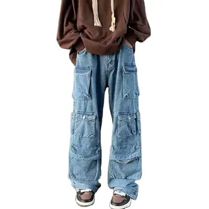 Custom Heren Streetwear Multi-Pocket Losse Blauwe Denim Broek Y 2K Cargo Baggy Jeans