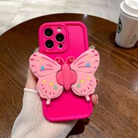 Mignon Rose Papillon Support Téléphone étui pour iphone 16 15 14 Plus 13 12 11 Pro Max XR Max Antichoc Anti-chute TPU Soft Shell Fille
