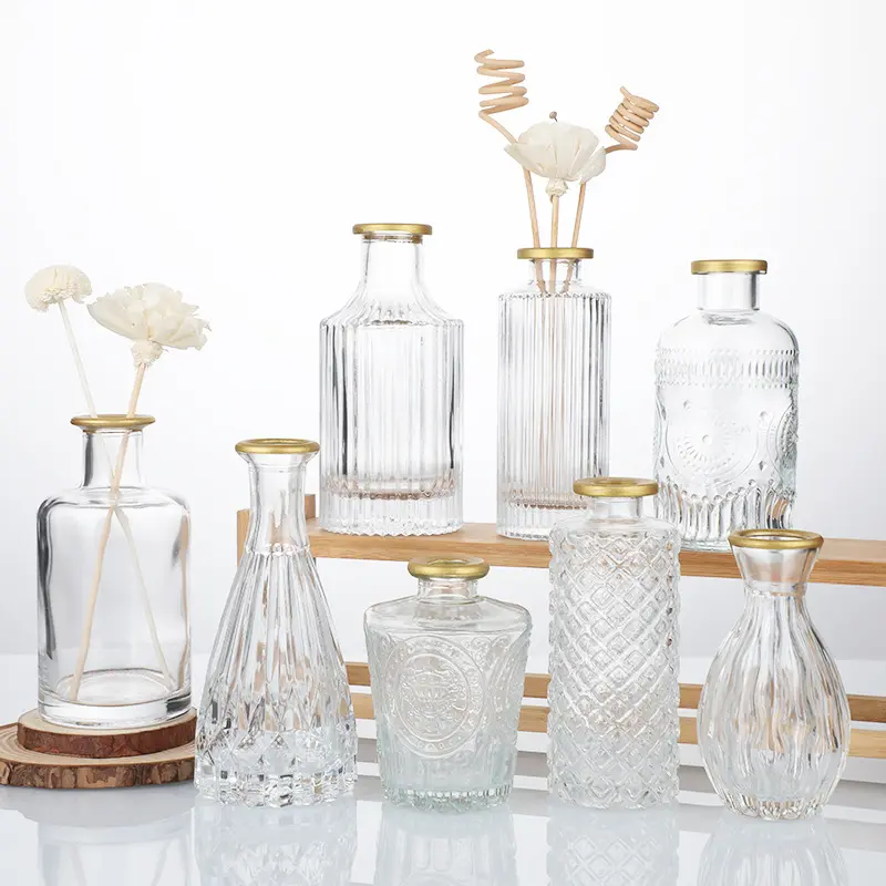 卸売6個1セットガラス花瓶家庭用結婚式の装飾クリア彫刻北欧ガラス花瓶ゴールドリム付き