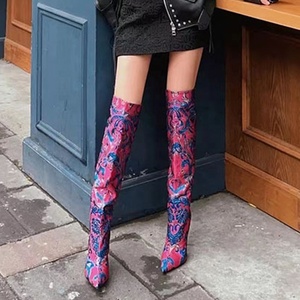 Bottines longues à talons hauts pour femmes, imprimées de motifs floraux, bout pointu, sexy, au-dessus du genou, motif léopard, talons aiguilles - Product Image 5