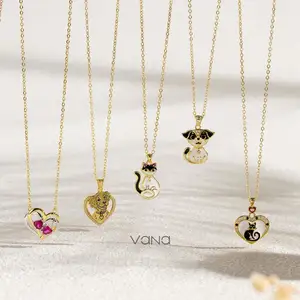 VANA Fine S925 Silver Cute Pet Admirers Dog Cat Lovers Heart Shaped Pendants Gold Plated 925 Sterling Silver Necklaces Jewelry