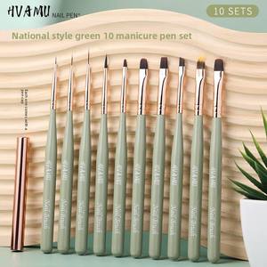 Ensemble professionnel de 10 stylos à ongles en bois vert japonais pour le dessin de lignes en gel UV, manucure - Product Image 3