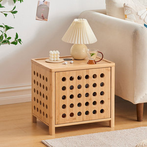 Wooden Hollow <b>Side</b> <b>Table</b> With <b>Storage</b> For Living Room Or Bedroom Nightstand Natural Color - Product Image 1
