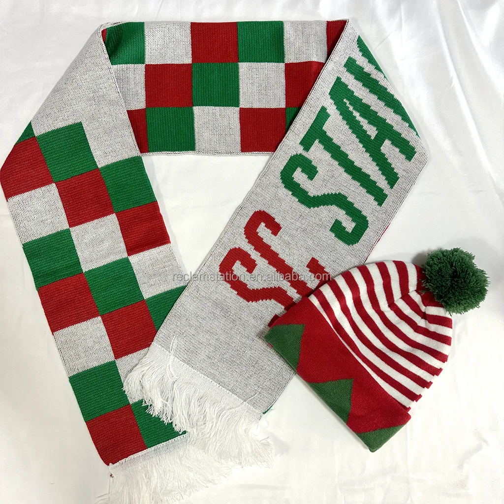 lively triangular plaid hat beanie knitting with pom pom ball ,Classic red and green plaid jacquard acrylic scarf fashion