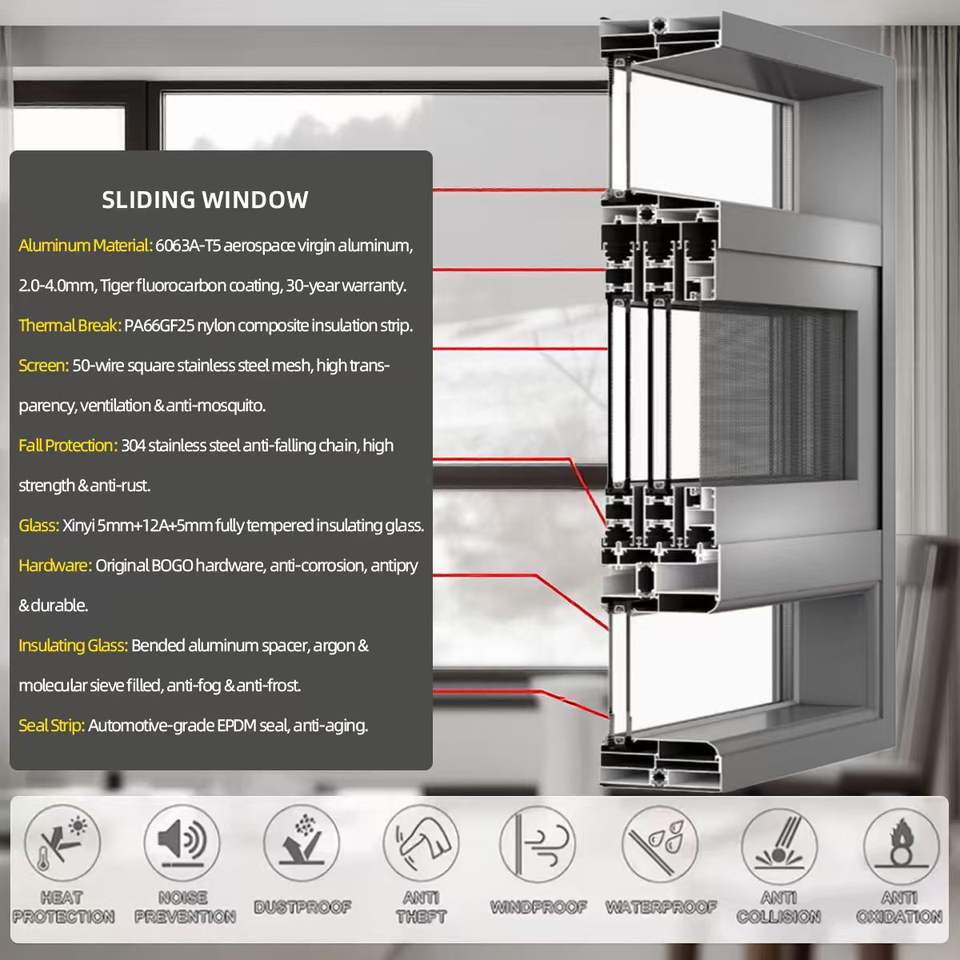 Aluminum Alloy Horizontal Wood Grain Colors Sliding Window with Screen ...