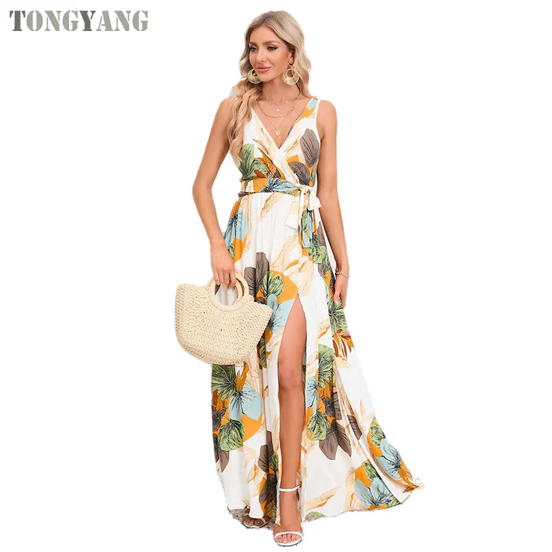 TONGYANG-Vestido largo bohemio con cuello en V, sin mangas, estampado étnico para playa, bohemio, Retro, Hippie