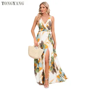 TONGYANG Women Bohemia V-neck Sleeveless Print Ethnic Beach Boho Long Dress Retro Hippie Boho Dress