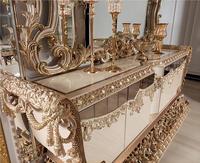 Ensemble de salle à manger de luxe en bois massif avec 4 chaises, table en marbre, feuille d'or, rembourrage sculpté à la main