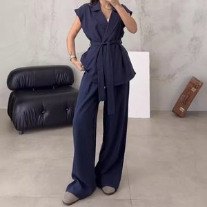 Sleeveless Suit Collar Tie Cardigan High Waist <b>Pants</b> Women's Casual 2-piece Set Fashion - Product Image 1