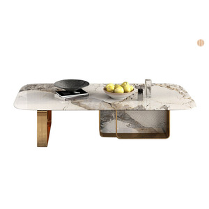 Mesa de Centro Rectangular Gruesa de Madera Contrachapada Curvada Hecha a Mano con Vidrio y Mármol, Patas de Acero Inoxidable con Acabado Dorado Cepillado - Product Image 1