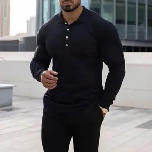 Autumn new men's long sleeve polo shirt plus size lapel solid color shirt high quality