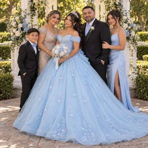 Lsdz023-Pz Vestido de Gala Azul Cerúleo Opulento con Escote Corazón, Apliques de Cristal, Lentejuelas, Adorno de Crin y Falda de Tul para Fiesta de Quinceañera - Product Image 1